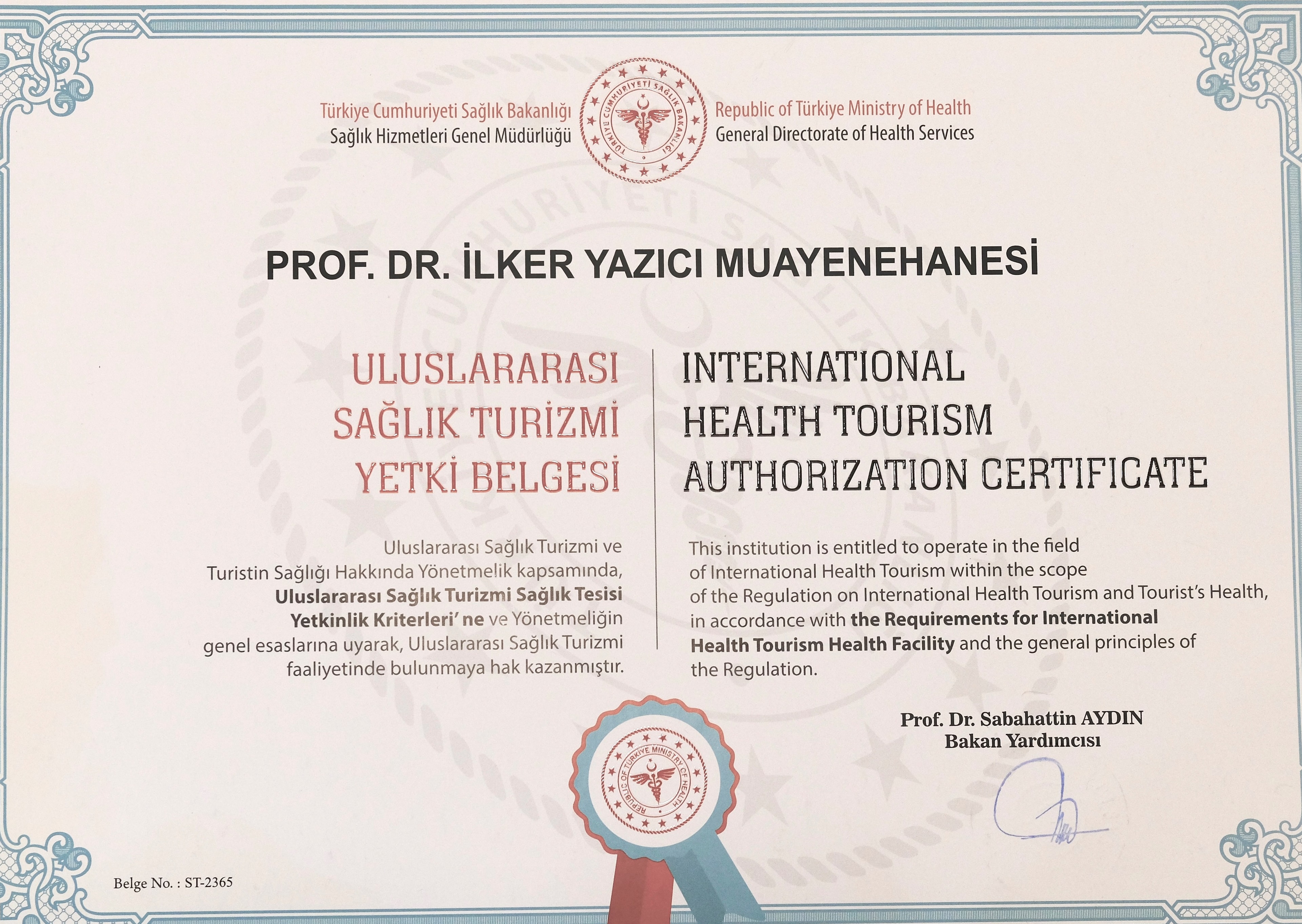 Turkish Ministry of Health International Health Tourism Authorisation Certificate, practice of Prof. Dr. İlker Yazıcı